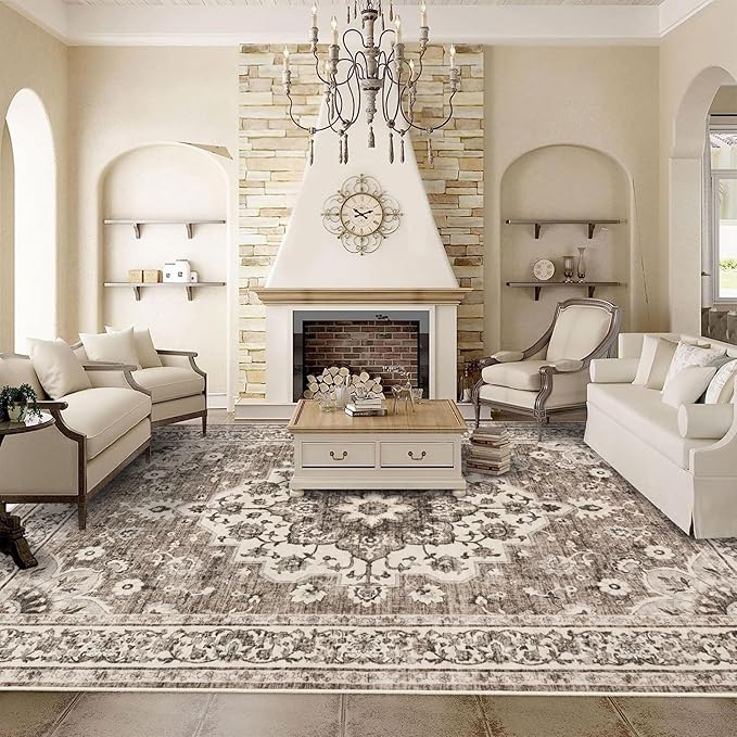 TOPRUUG Washable Oriental Area Rug - 9x12 Rugs for Living Room Soft Carpet for Bedroom Waterproof Floral Distressed Indoor Stain Resistant Non-Shedding Floor Carpets (Beige, 9x12)