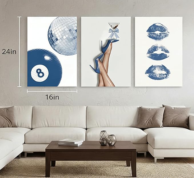 3Pcs BlueTrendy Aesthetic Canvas Wall Art,Fashion High-Heeled Shoe Print Posters,Lucky 8 Ball Lip Pictures,Y2K Stylish Wall Decor for Girls' Bedroom Dorm Apartment. 24x16in Framed