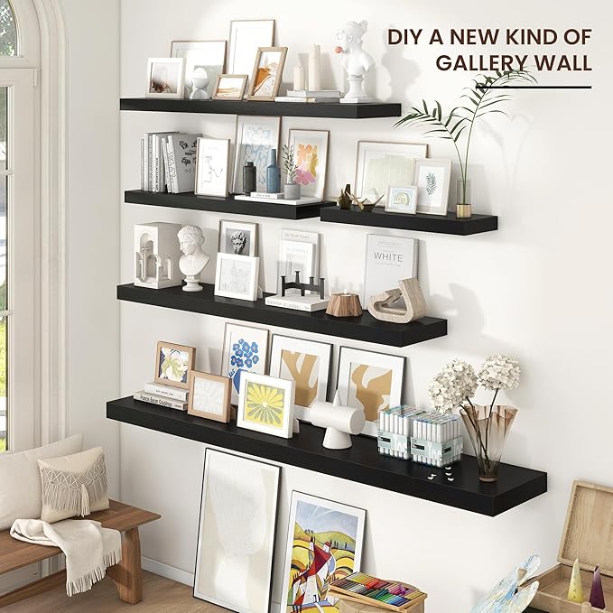Venusmiles Floating Shelves for Wall 55 inch Long, Engineered Wood Large Wall Shelves with Invisible Brackets for Living Room Bedroom Bathroom Office Kitchen Decor and Storage, Black Finish, Set of 1