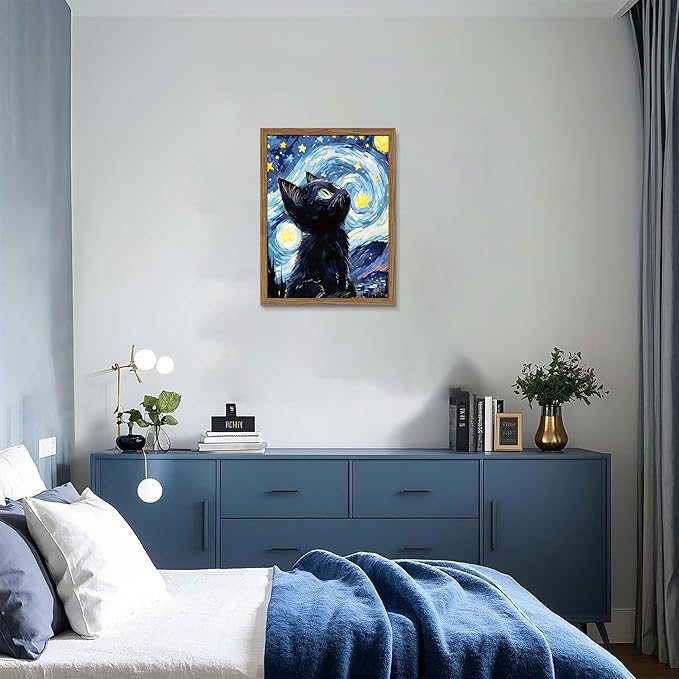 Framed Black Cat Wall Art, Van Gogh Starry Night Canvas Wall Decor, Cute Cat Animal Poster Print Picture, Impressionist Artwork Oil Painting for Bedroom Living Room Nursery 12x16 Inch