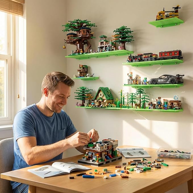 6 Wall Display Shelf for Lego Bricks, 4x5 inch Dual-Sided Floating Shelves with 16x13 Studs 4.8-4.9mm, Supports Up to 2 lbs with Screw, Baseplate Wall Mount for Builders Room Decor, Glow in The Dark