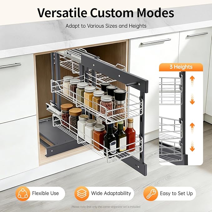 2 Tier Blind Corner Pull Out Organizer,Kitchen Slide Out Corner Cabinet Organizer Shelf with 4 Basket,Left Open & Right Open Compatible Cupboard Storage Shelf for Kitchens Bathrooms Laundries