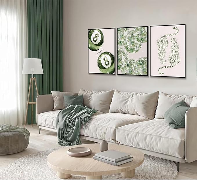 3Pcs Trendy Leopard Disco Ball Canvas Wall Art Sage Green Lucky Poster Prints Preppy Ace Cards Wall Decor pictures for Girly Bedroom Apartment Dorm Decoration Unframed