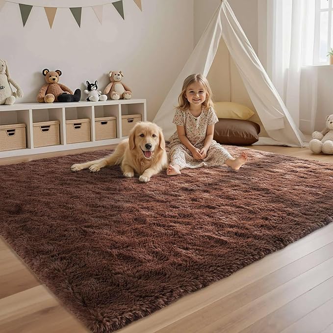 Coffee Brown 5x7 ft Fluffy Rug for Living Room,Fur Bedroom Area Rugs Non-Slip,Carpet for Nursery Kids PlayRoom Indoor Modern Plush Carpets