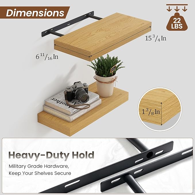 Heimlove 16 inch Floating Shelves for Wall,6.7 inch Deep Small Bathroom Over Toilet Shelf,Wall Mounted Wood Shelves for Bedroom,Living Room,Kitchen,Office,Set of 2,Oak Color