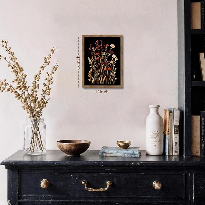 Framed Bathroom Wall Art, Dark Botanical Floral Canvas Wall Decor, Rustic Flower Prints Paintings, Vintage Wildflower Artwork Picture for Bathroom Bedroom Living Room 12x16 Inch