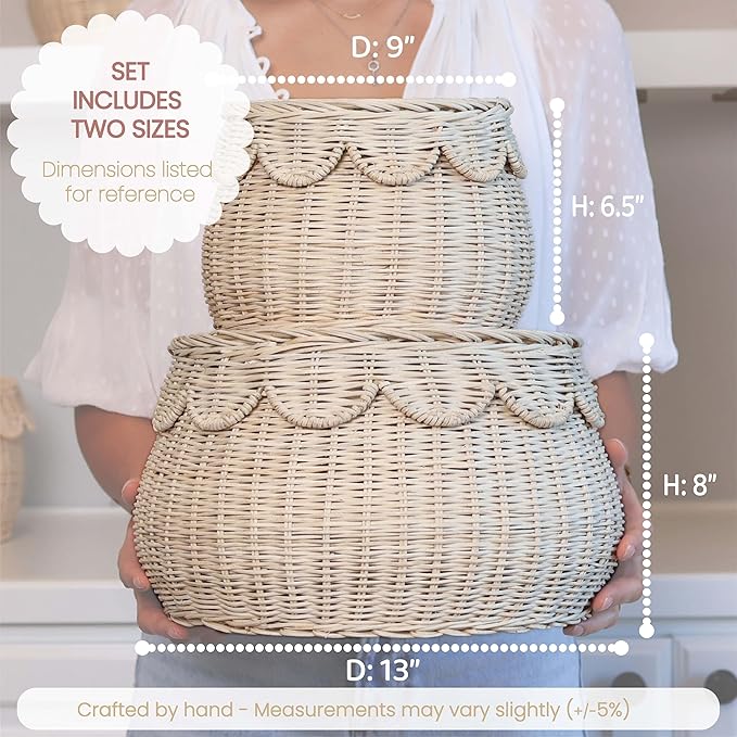 Scalloped Basket Set of 2 Small Natural Rattan Decorative Storage Baskets with Lids - Round Shape - Handwoven Natural Wicker Boho Décor for Shelves, Countertops & Gift Baskets.