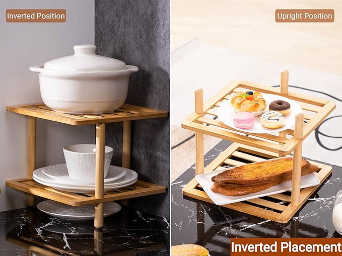 2-Tier Expandable Bamboo Corner Shelf - Dish/Plate Organizer for Cabinet, Kitchen Counter Shelf & Small Kitchen Shelf, Adjustable (2, Natural, 6.7" H-Large)
