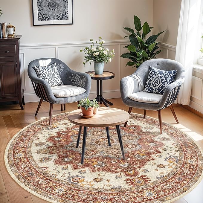 TOPRUUG Washable Oriental Area Rug - 6ft Round Rugs for Living Room Soft Carpet for Bedroom Waterproof Floral Distressed Indoor Stain Resistant Non-Shedding Floor Carpets (Red, 6ft-Round)