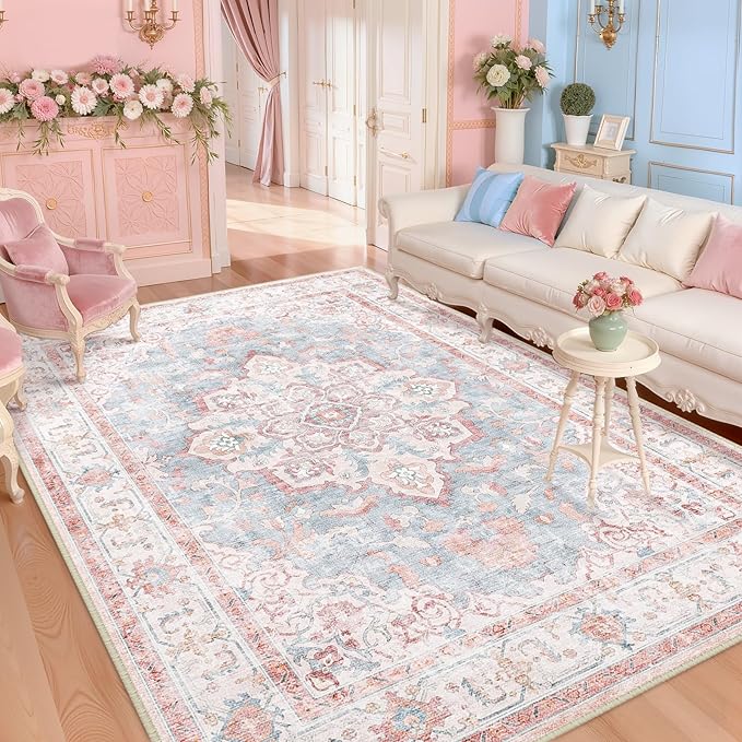 CAPALOCA Machine Washable Rugs Nursery Rug 6x9 Cute Girl Non Slip Low Pile Water Repellent Soft Print Pattern for Bedroom Indoor Decor Kids Playroom Pink Blue