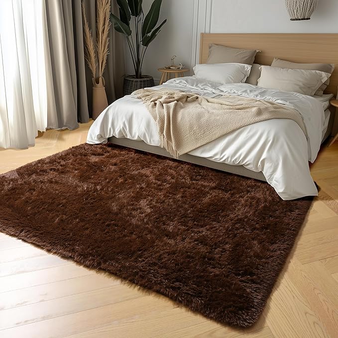 Amdrebio Dark Brown Area Rugs for Bedroom Living Room, Fluffy Shaggy Plush 4x6 Rug for Kids Room Decor Aesthetic, Modern Cool Fuzzy Furry Chocolate Coffee Carpet for Classroom Playroom Dorm Nursery