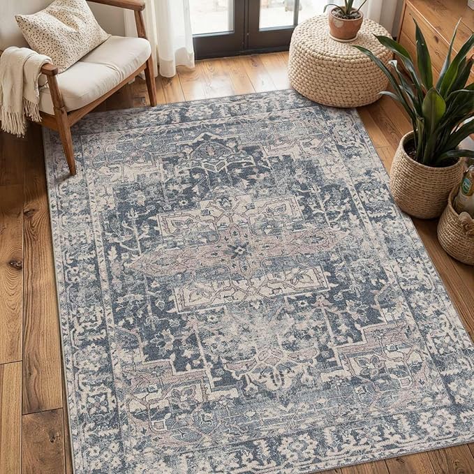 Rugxara 3x5 Rug for Entryway Bedroom, Blue 3x5 Washable Area Rug, Vintage Retro Boho Throw Rug, Non Slip & Low Pile Small Carpet for Indoor Kitchen, Bedside, Living Room, Bathroom and Dining