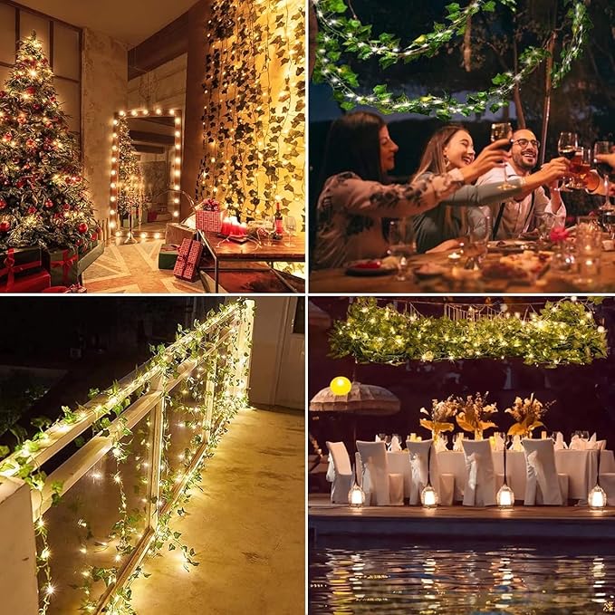 Comtelek Fake Vines for Room Decor Artificial Ivy Garland with 100 LED String Light Hanging Plants Faux Greenery Leaves Bedroom Aesthetic Decor for Home Garden Wall Wedding（6Pack with 100LED）