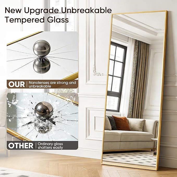 Antok Full Length Mirror, 58"x19" Floor Mirror with Stand, Hanging Mounted Mirrors for Bedroom, Living Room, Cloakroom, Dining Room, Gold, Rect