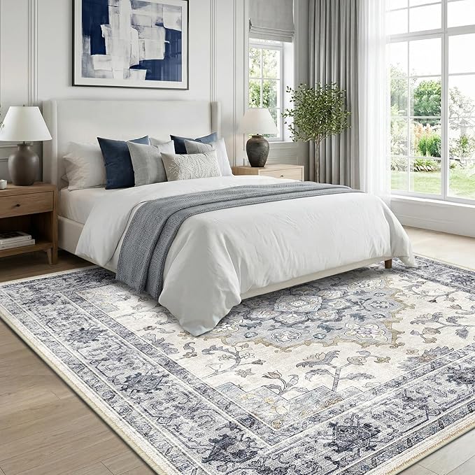 CAPALOCA Machine Washable Rugs Nursery Rug Sq8ft Cute Girl Non Slip Low Pile Water Repellent Soft Print Pattern for Bedroom Indoor Decor Kids Playroom Blue White