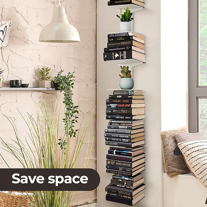 Floating Book Shelves for Wall, 8 Tier Invisible Floating Bookshelf, Vertical Spine Book Tower, Wall Mounted & Space Saving, Heavy Duty Metal Book Organizer for Home Office, 4 Pack White