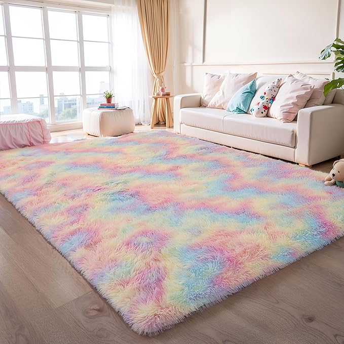 Washable 4x6 Rainbow Fluffy Shaggy Area Rugs, Kawaii Princess Soft Plush Carpet for Girls Bedroom Kids Playroom, Cute Colorful Fuzzy Rug for Nursery Dorm Baby Toddler Teenage