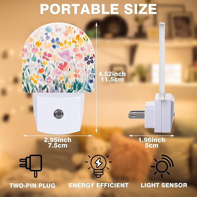 Night Lights Plug into Wall Watercolor Floral Night Light Dusk to Dawn Smart Sensor Decorative Round Led Lamp for Bedroom Kitchen Hallway Nightlight for Women Men