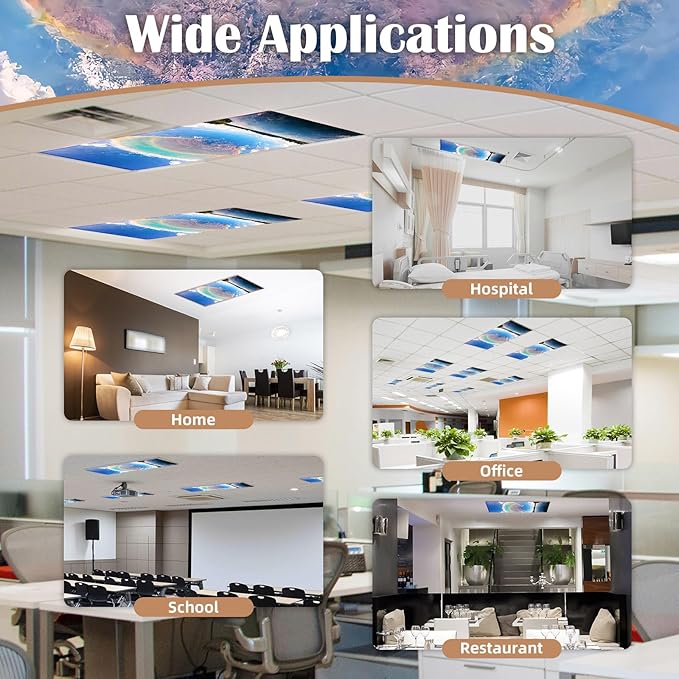 ANGSYLTH 2 Pcs Fluorescent Light Covers - 4 x 2 Feet Covers for Ceiling Lights, Magnetic Light Filters for Classroom, Office, Hospitals, Home (Blue Sky - Rainbow)