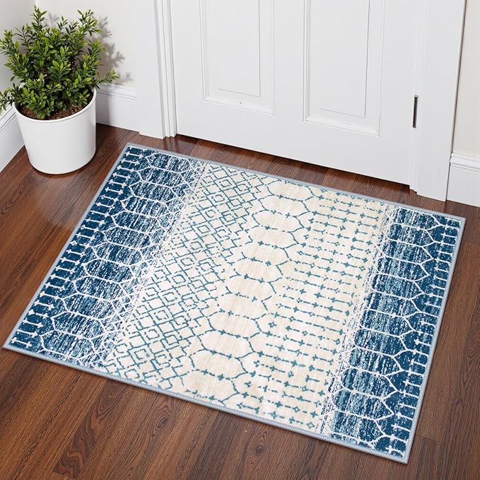 Lahome Moroccan Entryway Rugs Indoor 2x3 Area Rug Blue Non-Slip Backing Washable Indoor Mats for Entryway Low-Profile Throw Soft Rugs for Bathroom, Geometric Print Door Rug for Kitchen Bedside Hana