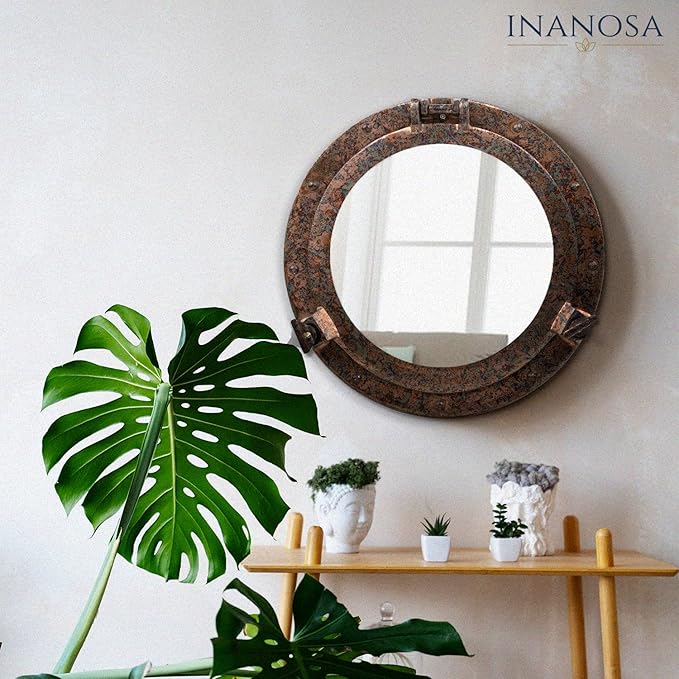 inanosa 17 Inch Bathroom Wall Decor Ship Porthole Mirror with Raku Finish Finish – Vintage Round Wall Mounted Mirror for Bathroom Vanity, Nautical Pirate Coastal Vintage Home Décor