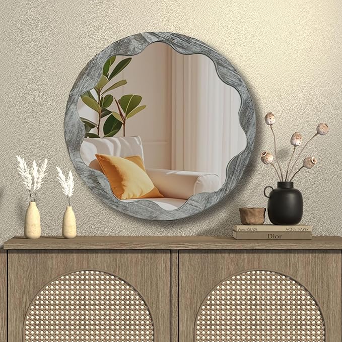 Round Wood Mirror 24 Inch,Circle Mirror with Wood Frame for Wall,Rustic Natural Wooden Frame Decorative Round Boho Wall Mirror for Bathroom Bedroom Living Room