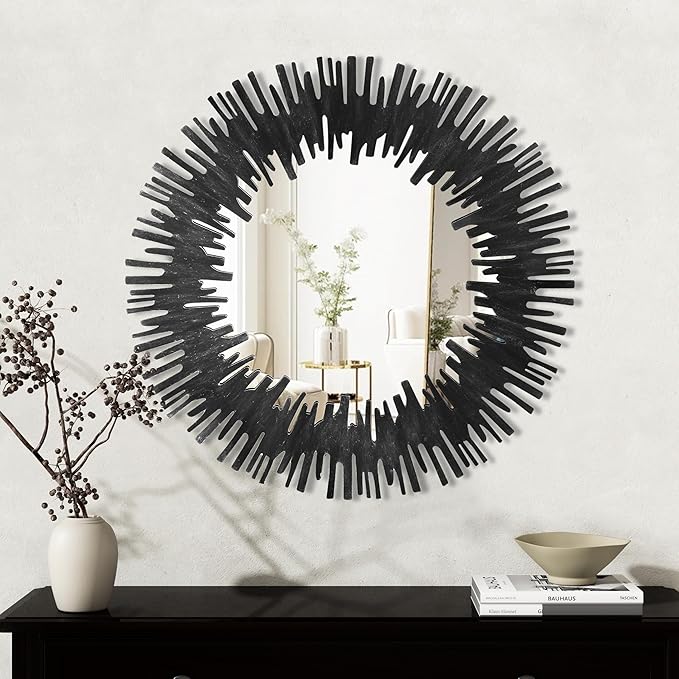 SHYFOY Sunburst Decorative Mirror Wall with Metal Frame, Large Round Decorative Mirrors Black Art Mirror for Wall Decor for Living Room Entryway Hallway Bedroom