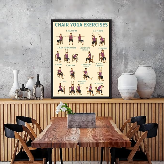Licpach Chair Yoga Exercises Poster Fitness Instruction Canvas Print Wall Art Wellness Chart for Seniors Over 60 Senior Stretching Workout Guide for Office Desk Home Gym Studio 24x36inch Black Frame