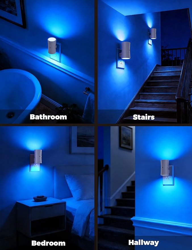 fesnne Night Light, LED Night Lights Plug into Wall 2 Pack Blue 0-100LM Adjustable Brightness Light Sensor Plug in Night Light for Hallway, Bathroom, Adult
