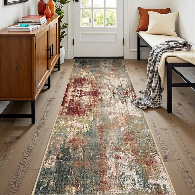 RELEANY Washable Area Rugs 2'x8' Non-Slip Modern Abstract Soft for Living Room Entryway Bedroom Nursery, Print Pattern, Brown Rust Red Green Blue Multi