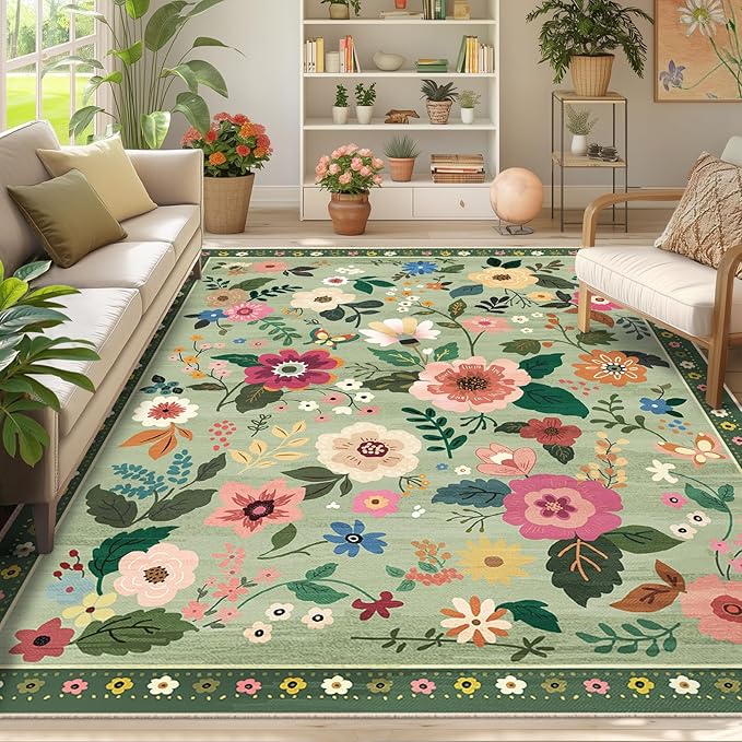 RELEANY Floral Nursery 6x9 Area Rugs Washable Print Boho Cute Carpet Non Slip Flower Low Pile for Living Room Kids Girls Playroom Bedroom Kitchen Office Farmhouse-Light Green