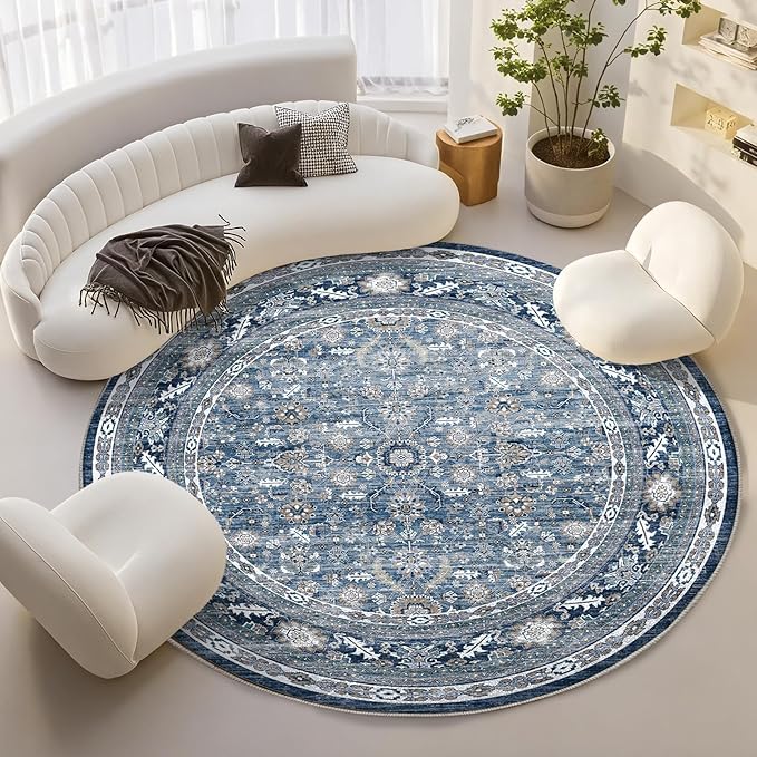 OPPODREAM Vintage Blue Round Rug 8ft, 8 ft Retro Washable Circle Rug Non Slip, Low-Pile Faux Wool Circular Carpet, Distressed Navy Floor Mat for Living Room, Bedroom, Office, Dorm, Dinning Room