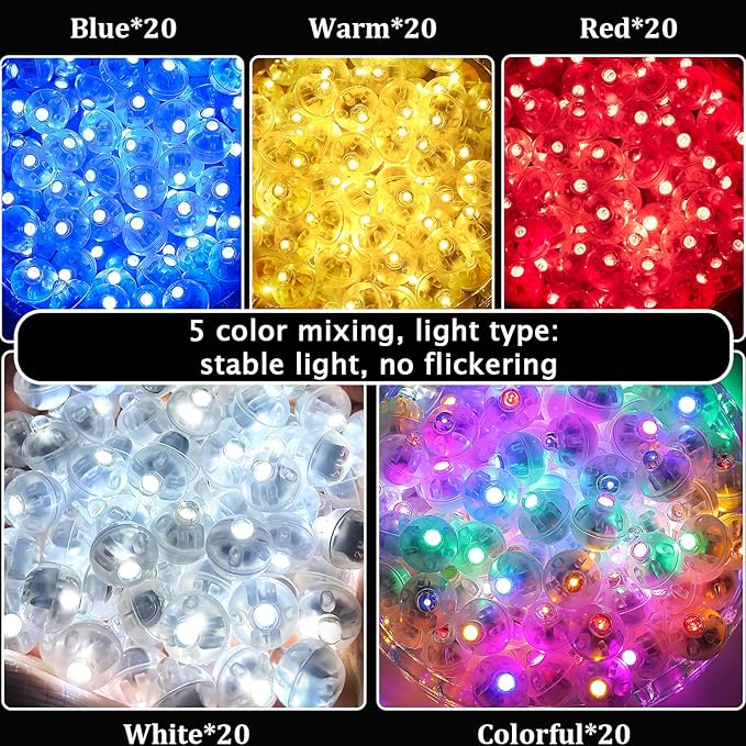 100Pcs Balloon Lights with Clear Hanging Line, 5 Mix Colors Balloons Light for Party Paper Lantern Decorations, Easter Eggs Birthday Wedding Halloween Christmas Decoration-Mixed Colors
