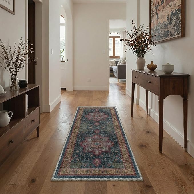 GENIMO 5x7 Area Rugs for Living Room, Machine Washable Rug, Non Slip Indoor Vintage Carpet, Low Pile Lightweight Chenille Print Carpet for Bedroom Dining Room Home Office,Teal Burgundy