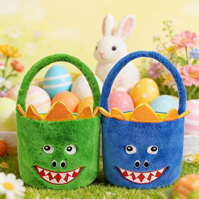 DearSun 2 Pcs Easter Basket Dinosaur Plush Baskets, Easter Egg Hunting Basket for Kids Gifts Party Decoration Supplies, Dia 8" * H 15.7"(Green & Blue Dinosaur)