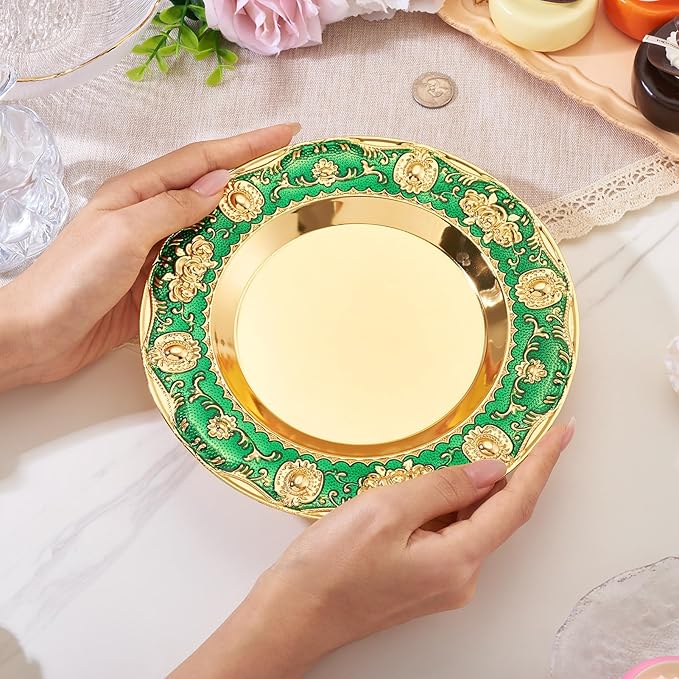 1pcs Golden Serving Tray for Party 4.8" Vintage Round Decorative Plate Tray Jewelry Makeup Organizer Dishes Bathroom Vanity Tray for Gift Wedding Coffee Table Dessert Christmas 20 cm (Green)