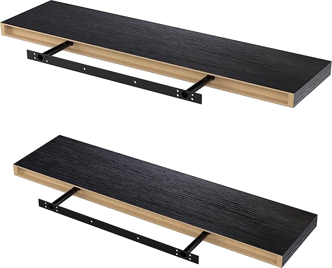 Lufia Floating Wall Shelves, Set of 2, MDF with Invisible Brackets, Modern Storage for Bedroom, Bathroom, Living Room, Kitchen (Black, 28" W x 7" D x 1.5" H)
