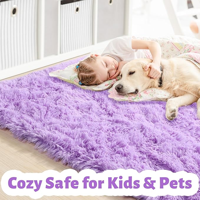Purple Rugs for Bedroom Girls Room Decor Aesthetic, Cute Fluffy Shag Lavender Area Rug 4x6 for Living Room Dorm Classroom Nursery, Furry Plush Fuzzy Soft Throw Lilac Carpet for Kids, Baby, Teen