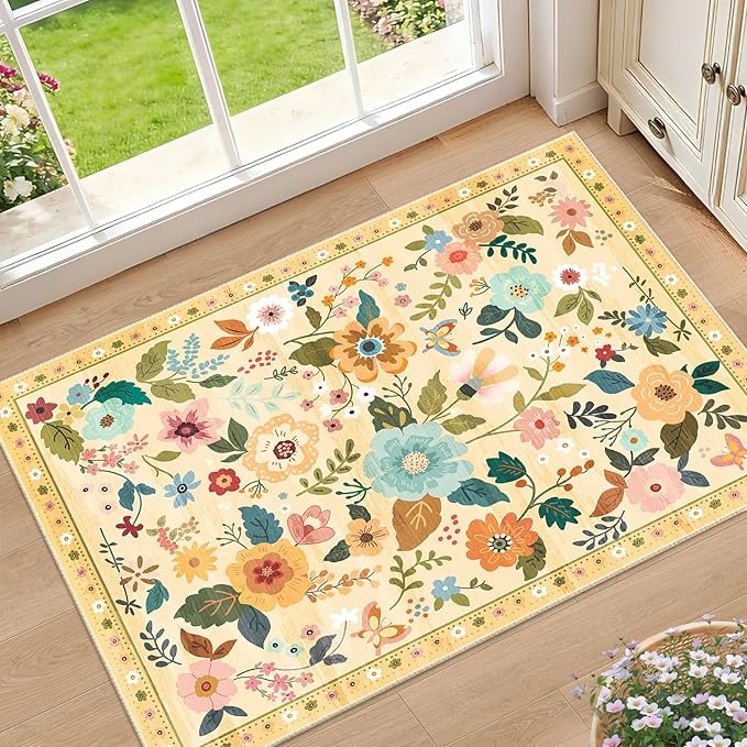 RELEANY Floral Nursery 2x3 Area Rugs Washable Print Boho Cute Carpet Non Slip Flower Low Pile for Living Room Kids Girls Plaroom Bedroom Kitchen Office Farmhouse-Ivory/Yellow