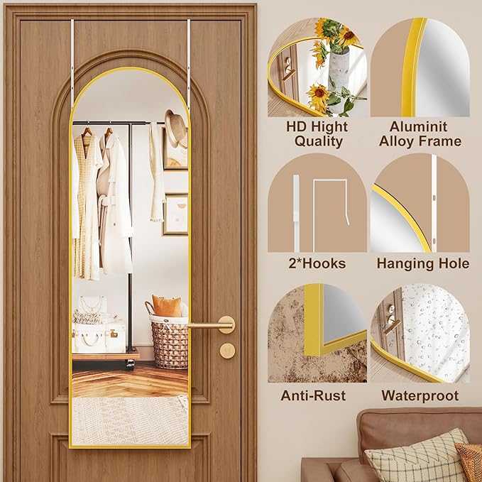 Rowjut Full Length Door Mirror, Wall Mounted Wall Mirrors, 50"X16" Arched Behind Door Mirror for Use in Living Rooms, Rooms, Bedrooms, Cloakrooms, etc. Durable & Stylish Home Decor (Gold).