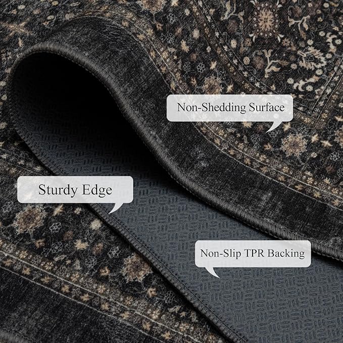 Ruaruarug Area Rug Non Slip Machine Washable Ultra Soft Living Room/Bedroom/Kitchen/Outdoor/Classroom Black Grey, 2'×6'
