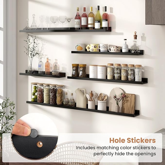 Fun Memories Picture Ledge Shelves Set of 2, 32 Inch Rustic Wall Mounted Floating Shelves with Lip for Home Storage and Décor in Bathroom, Kitchen, Nursery, Bedroom, Living Room, Black