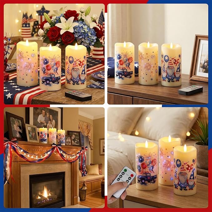 Eywamage Patriotic Fiber Optic Flameless Candles with Remote, Flickering Battery LED Candles Set of 3, 4th of July Independence Day Memorial Day Decor