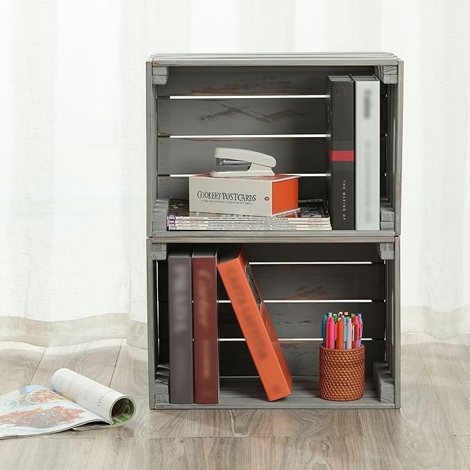 Gray Wooden Crates are Mainly Suitable for Storage, Tool Crate, Wine Crate, Camping, and Other Multi-Purpose. Rustic Style, They are Sturdy and Durable, set of 2 Length of 17.7 inches.