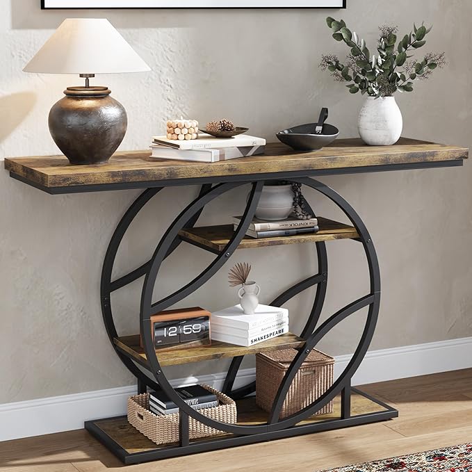 Entryway Table for Foyer,47.2 Inch Industrial Narrow Console Table,Accent Decor Living Room Furniture,Hallway & Sofa Table for Entrance,4-Tier Storage Shelves,Metal Frame,Thick Wood Top