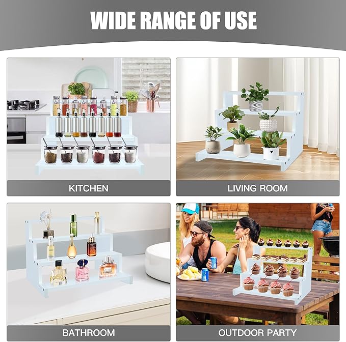 4 Tier White Wooden Display Stand Step Shelf Organizer for Perfume Skincare Desserts Cupcakes and Cosmetics Rustic Tiered Riser for Vanity Countertop Parties