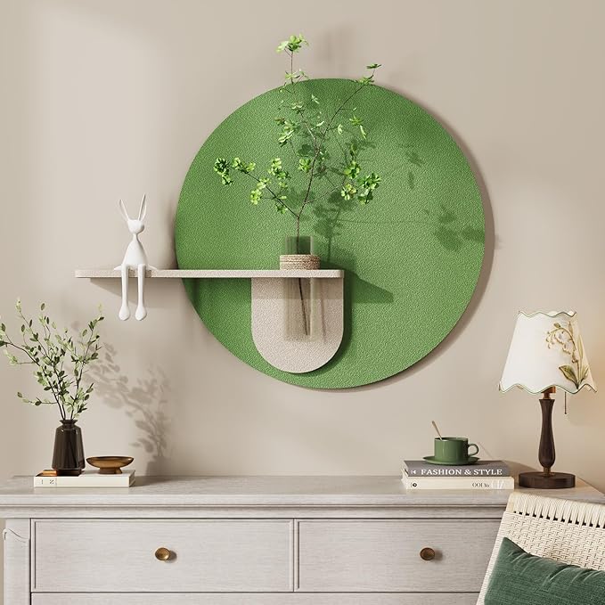 3D Textured Sage Green Round Wall Art Decor with Shelf, Minimalist Green Artwork for Walls with Vase, Sandstone Texture Wall Decor for Living Room, Hallway, Dining Room, Bedroom, Office, 24x24 Inch