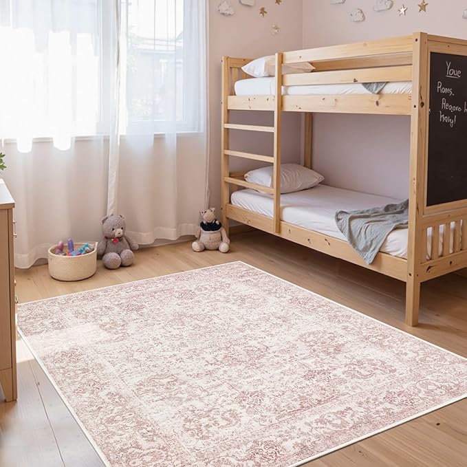 Rugxara Washable Area Rug for Living Room & Bedroom, Light Pink Rugs for Women, Non Slip, Durable Low Pile Carpet, Vintage Carpets for Office, Dining Room, Kids Room and Farmhouse(4x6ft)