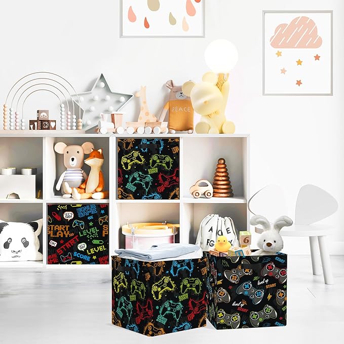 Clastyle 3 pcs Gaming Cube Storage Unit Boxes Gamepad Kallax Box for Shelves Parents Storage Baskets for Book Clothes Toy Organizer, Game Controller, 11.8x11.8x11.8 in