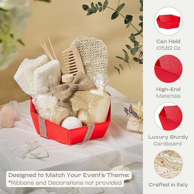 Pack of 5 Baskets for Gifts - Empty Gift Baskets to Fill Ideal for Christmas Gift Baskets and Valentines Day Presents | 8" x 6.69" x 2.75" Red Linen